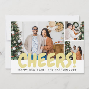 Simple Elegant Modern Happy New Year Three Photo Holiday Card