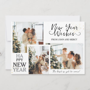 Simple Elegant Modern Happy New Year Three Photo Holiday Card