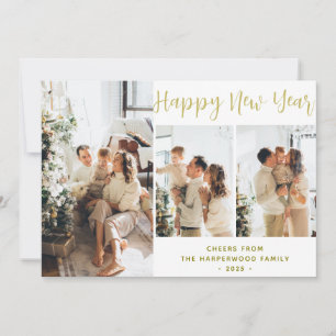 Simple Elegant Modern Happy New Year Three Photo Holiday Card