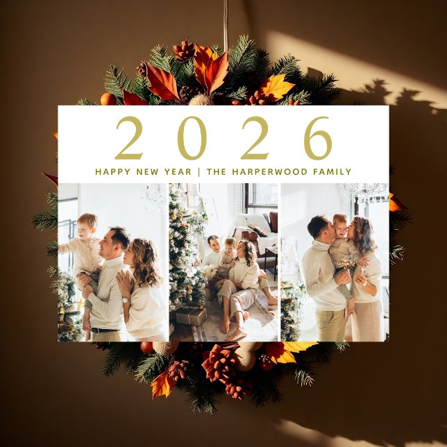 Simple Elegant Modern Happy New Year Three Photo Holiday Card (Creator Uploaded)