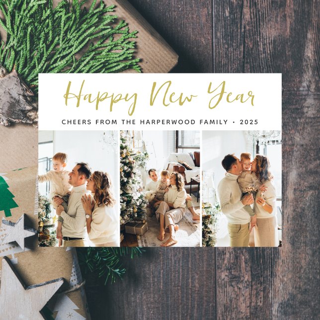 Simple Elegant Modern Happy New Year Three Photo Holiday Card (Creator Uploaded)