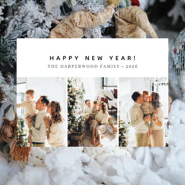 Simple Elegant Modern Happy New Year Three Photo Holiday Card (Creator Uploaded)