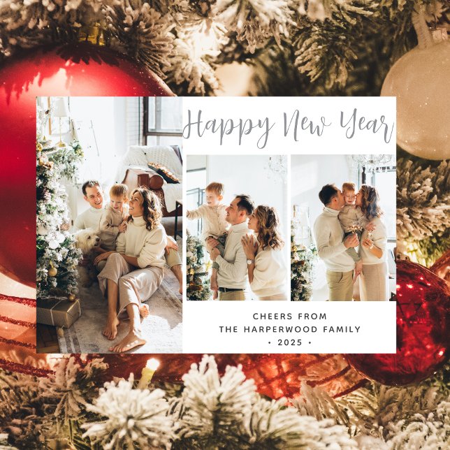 Simple Elegant Modern Happy New Year Three Photo Holiday Card (Creator Uploaded)