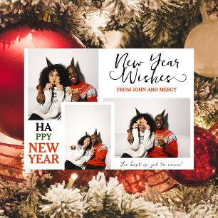 Simple Elegant Modern Happy New Year Three Photo Holiday Card