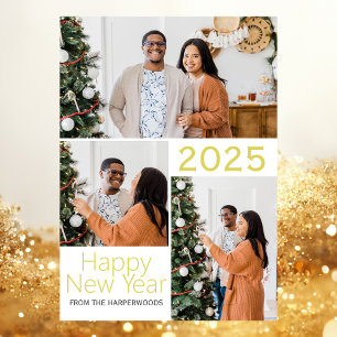 Simple Elegant Modern Happy New Year Three Photo Holiday Card