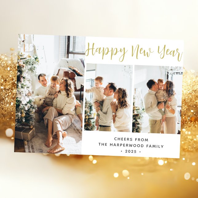 Simple Elegant Modern Happy New Year Three Photo Holiday Card (Creator Uploaded)