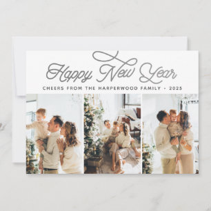 Simple Elegant Modern Happy New Year Three Photo Holiday Card