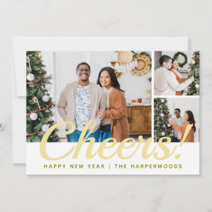 Simple Elegant Modern Happy New Year Three Photo Holiday Card