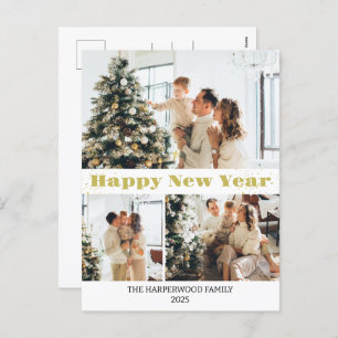 Simple Elegant Modern Happy New Year Three-Photo Holiday Postcard