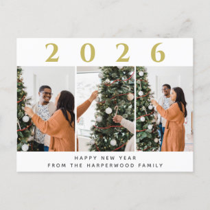 Simple Elegant Modern Happy New Year Three Photo Holiday Postcard