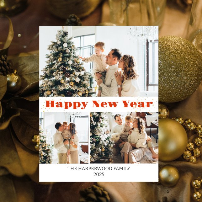 Simple Elegant Modern Happy New Year Three-Photo Holiday Postcard (Creator Uploaded)