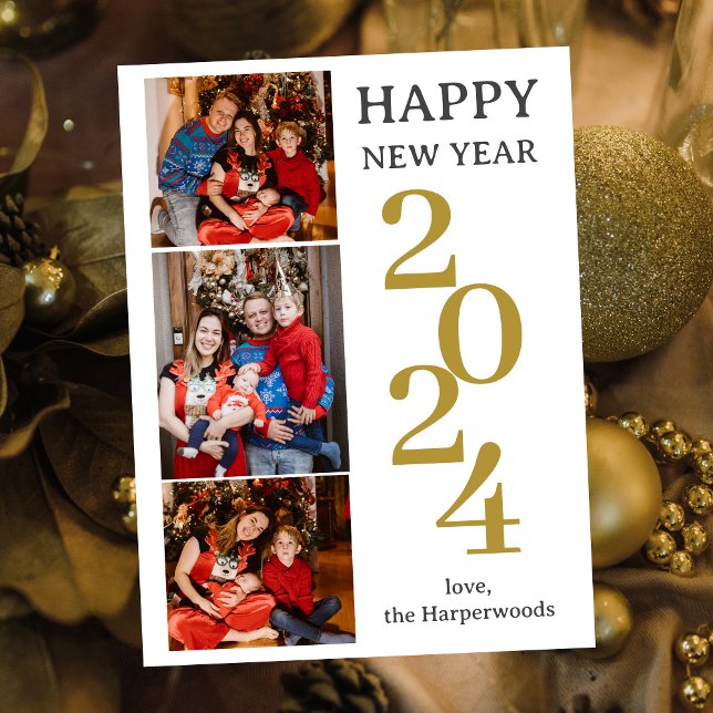 Simple Elegant Modern Happy New Year Three Photo Holiday Postcard (Creator Uploaded)