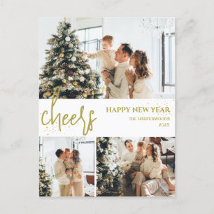 Simple Elegant Modern Happy New Year Three-Photo Holiday Postcard