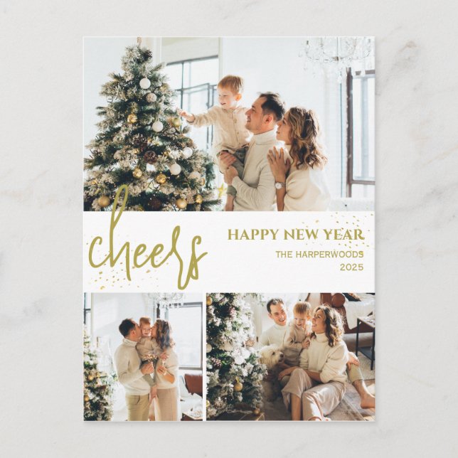 Simple Elegant Modern Happy New Year Three-Photo Holiday Postcard (Front)