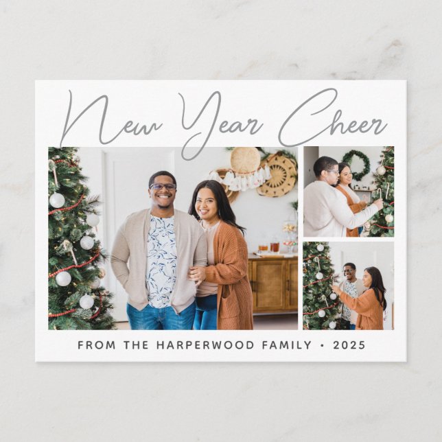 Simple Elegant Modern Happy New Year Three Photo Holiday Postcard (Front)