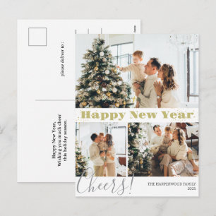 Simple Elegant Modern Happy New Year Three-Photo Holiday Postcard
