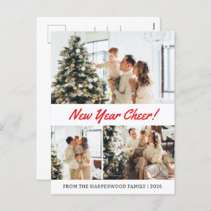Simple Elegant Modern Happy New Year Three-Photo Holiday Postcard
