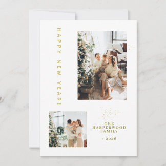 Simple Elegant Modern Happy New Year Two Photo Holiday Card