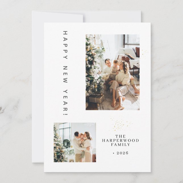 Simple Elegant Modern Happy New Year Two Photo Holiday Card (Front)