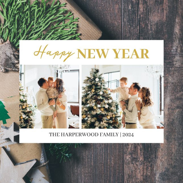 Simple Elegant Modern Happy New Year Two Photo Holiday Card (Creator Uploaded)