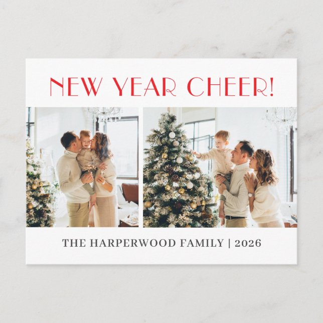 Simple Elegant Modern Happy New Year Two Photo Holiday Postcard (Front)