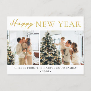 Simple Elegant Modern Happy New Year Two Photo Holiday Postcard