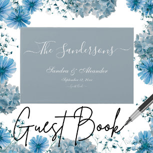 Simple Elegant Modern Minimal Dusty Blue White Wed Guest Book