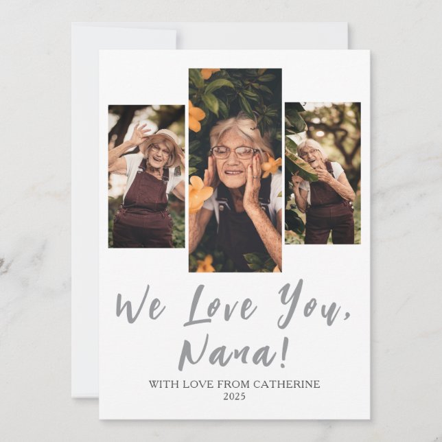 Simple Elegant Modern Mothers Day Grandma 3 Photo Holiday Card (Front)