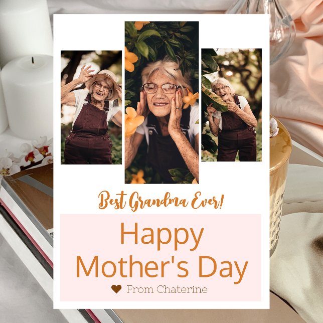 Simple Elegant Modern Mothers Day Grandma 3 Photo Holiday Card (Creator Uploaded)