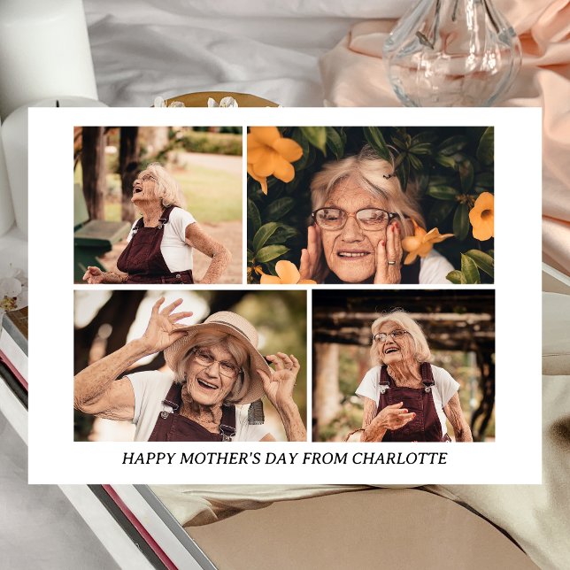 Simple Elegant Modern Mothers Day Grandma 4 Photo Holiday Card (Creator Uploaded)