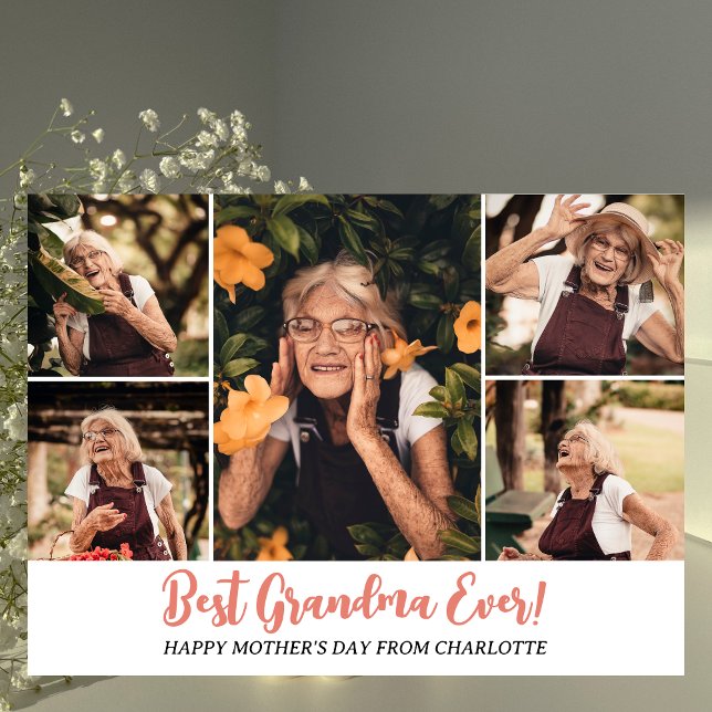 Simple Elegant Modern Mothers Day Grandma 5 Photo Holiday Card (Creator Uploaded)