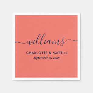 Simple Elegant Modern Navy Blue and Coral Wedding Napkin