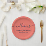 Simple Elegant Modern Navy Blue and Coral Wedding Paper Plate<br><div class="desc">Personalised dusty blue wedding paper plates with a modern script font. Easily personalise online with your wedding details. Matching items available to complement these minimalist,  yet elegant dusty blue wedding paper plates.</div>