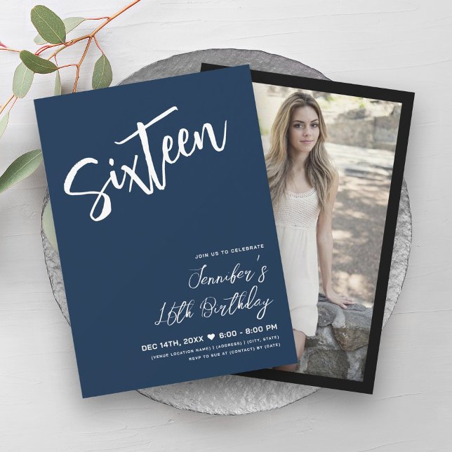 Simple Elegant Modern Navy Blue Sweet 16 Script  Invitation (Simple Elegant Modern Navy Blue Sweet 16 Script Invitation)