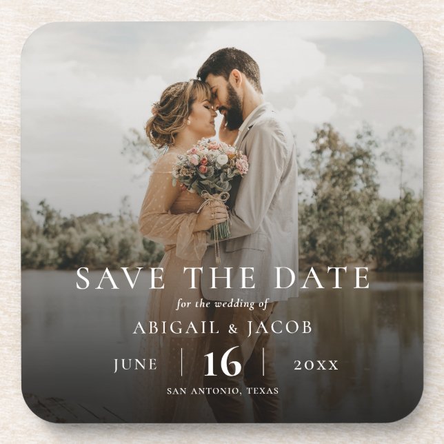 Simple Elegant Modern Photo Wedding Save the Date Coaster (Front)