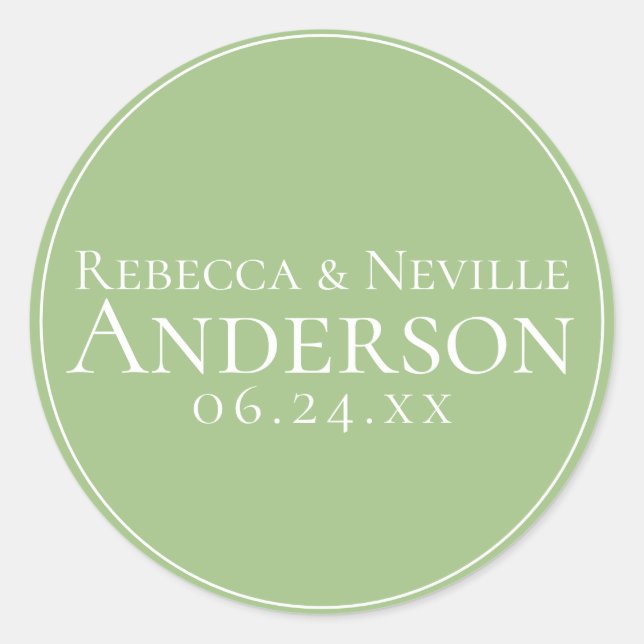Simple Elegant Modern Sage Text Wedding Classic Round Sticker (Front)