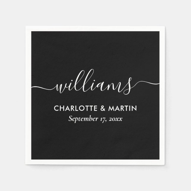 Simple Elegant Modern Script Black White Wedding Napkin (Front)