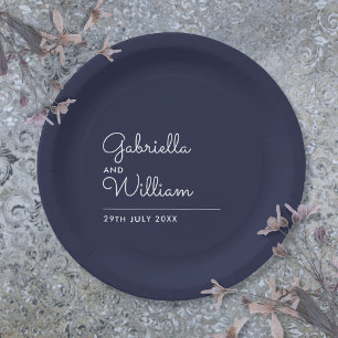 Simple Elegant Modern Script Navy Blue Paper Plate