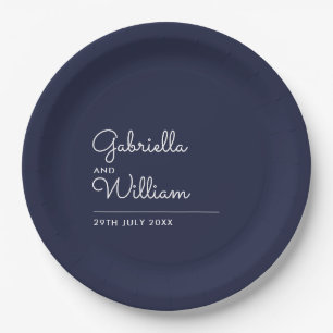 Simple Elegant Modern Script Navy Blue Paper Plate