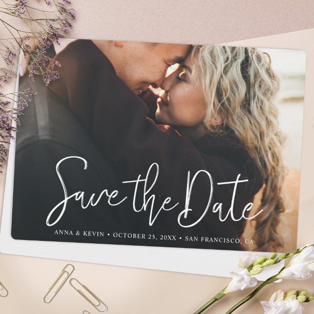 Simple Elegant Modern Script Personalized Photo Save The Date (Creator Uploaded)