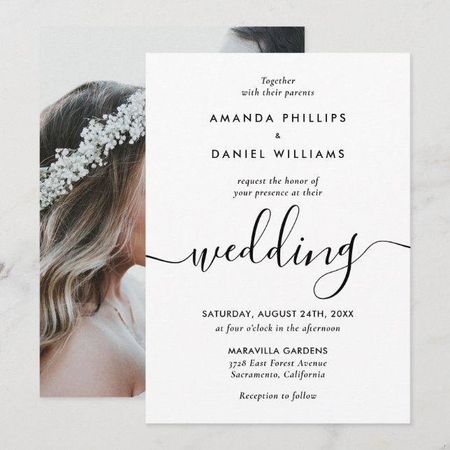 Simple Elegant Modern Script Photo Wedding Invitation (Front/Back)