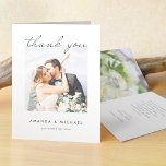 Simple Elegant Modern Script Photo Wedding Thank You Card<br><div class="desc">This simply chic photo wedding thank you card features a crisp, modern design. We've chosen a stylish modern script for 'thank you' on the front. We've positioned this part of the design so that it flows into the top of your photo. Our sample photo works well with this feature, as...</div>