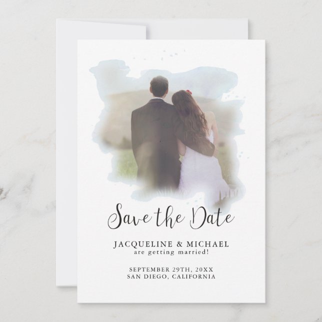 Simple Elegant Modern Script Watercolor Photo Blue Save The Date (Front)