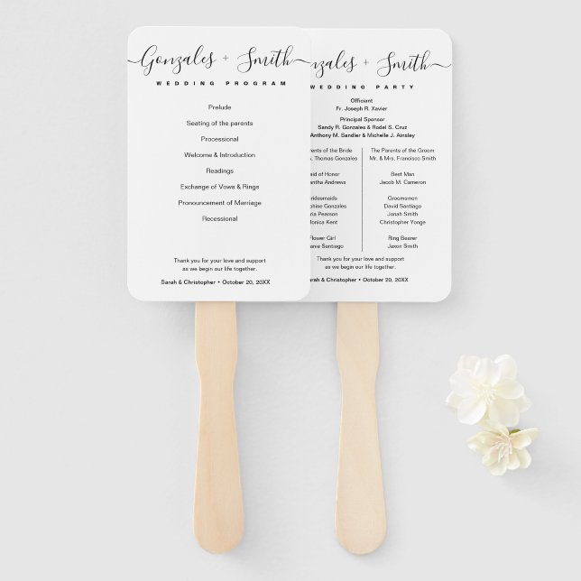 Simple Elegant Modern Script Wedding Program Hand Fan (Front and Back)
