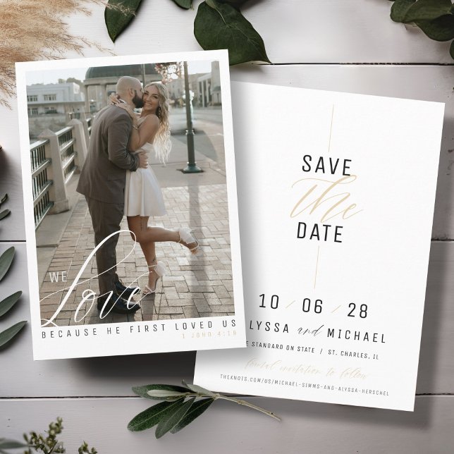 Simple Elegant Modern White PhotoChristian Wedding Save The Date (Love scripture elegant photo simple gold, black and white modern Christian wedding save the date)