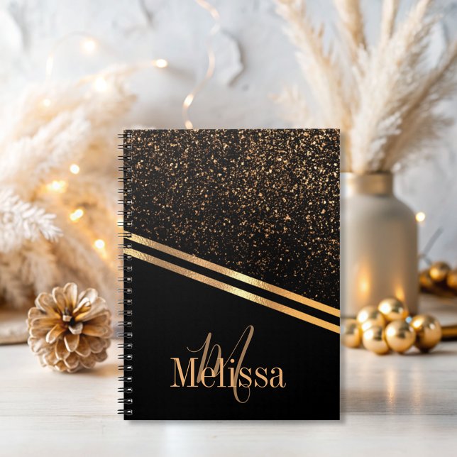 Simple elegant Monogram Black and Gold glitter  Notebook (Creator Uploaded)