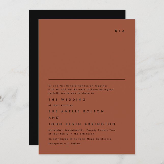 Simple Elegant Monogram Black Terracotta Wedding Invitation (Front/Back)