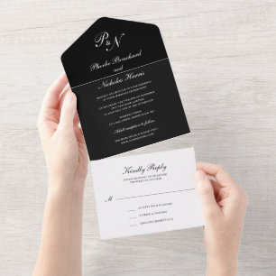Simple Elegant Monogram Black Wedding All In One Invitation