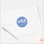 Simple, elegant monogram blue wedding classic round sticker<br><div class="desc">Simple,  elegant monogram blue wedding sticker. It displays your initial and the date of your wedding in white onblue background. It coordinates with our "Blue eucalyptus branch winter wedding" collection.</div>