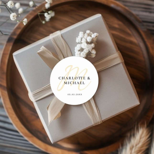 Simple, elegant, monogram classic round sticker (Simple, elegant, monogram classic round sticker with your name and date.)